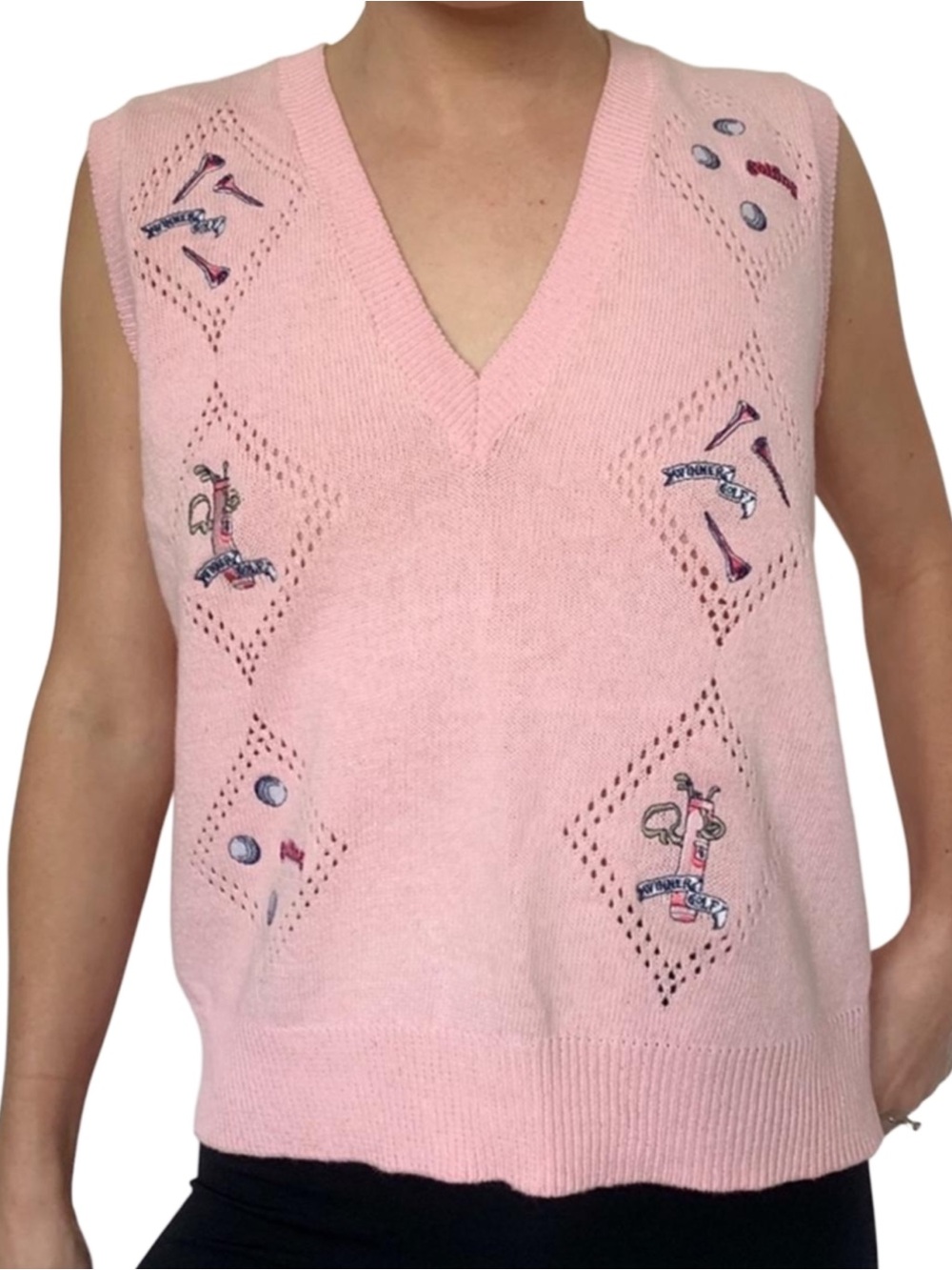 Lisa Says Gah Pink Knit Golf Embroidered V‑Neck Sweater Vest - Picture 2 of 7